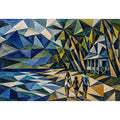 Geometric coastal canvas art with beach house and walking figures for modern living room decor.