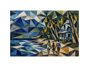 Geometric coastal canvas art with beach house and walking figures for modern living room decor.