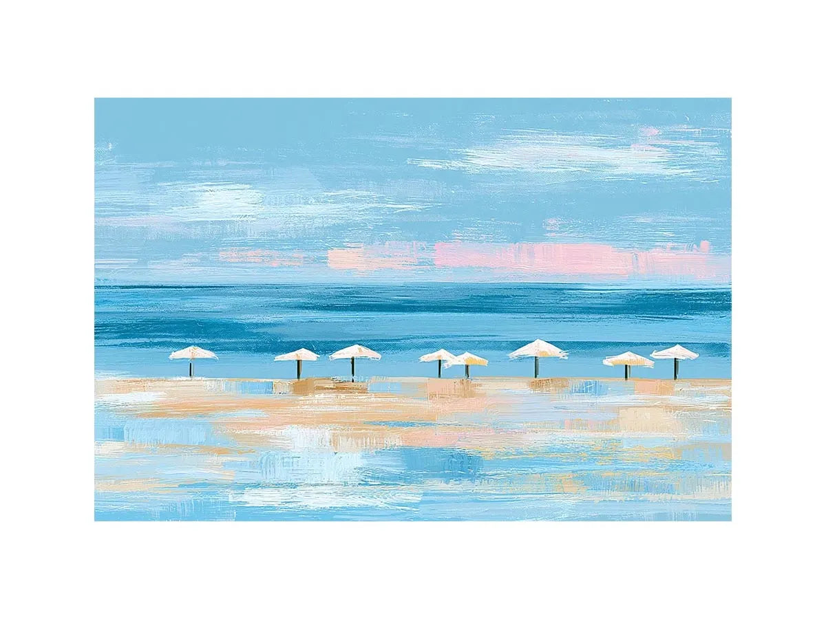 Minimal coastal beach umbrella canvas art for modern beach house or living room decor.