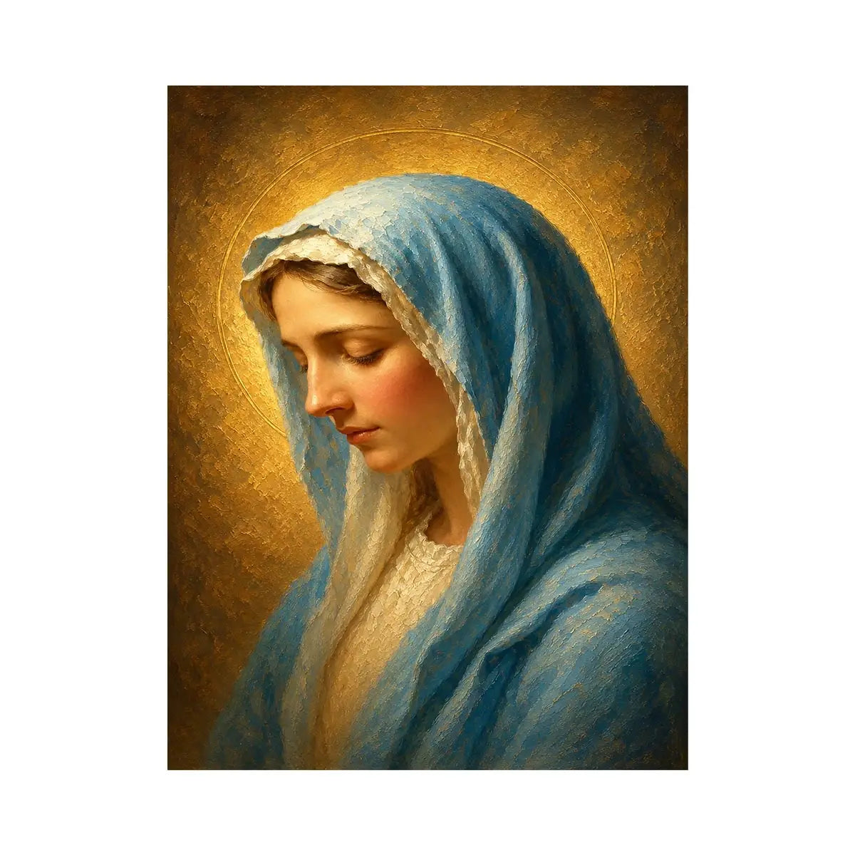 Serene blue veil Madonna portrait canvas art for peaceful bedroom decor.