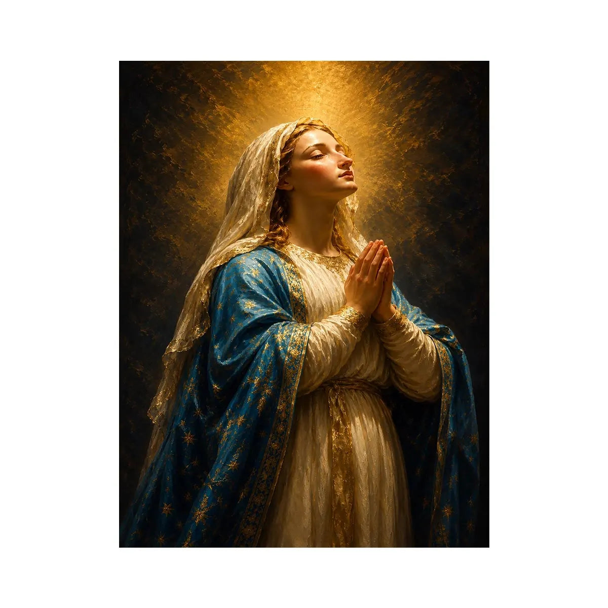 Vertical praying Madonna canvas art in blue and gold for elegant bedroom decor.