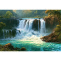 Waterfall landscape canvas art with turquoise water for modern living room decor.