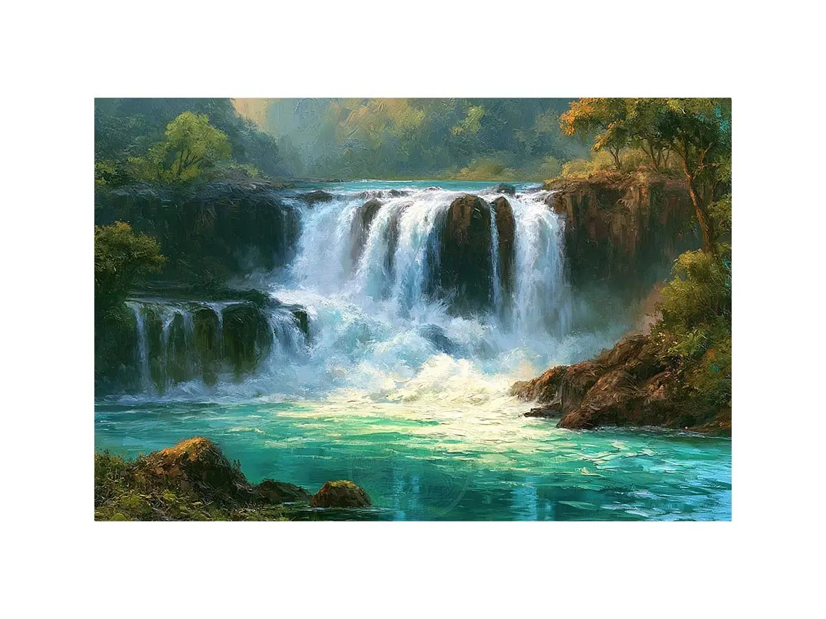 Waterfall landscape canvas art with turquoise water for modern living room decor.
