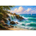 coastal waterfall canvas art for bright beach house living room decor.