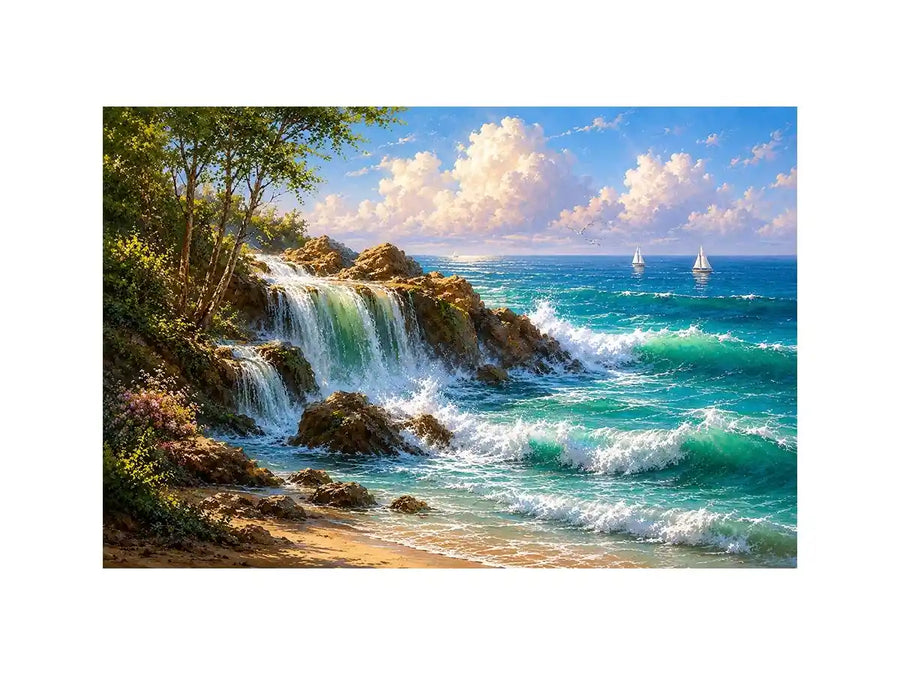coastal waterfall canvas art for bright beach house living room decor.