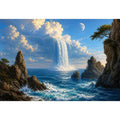 Surreal ocean waterfall canvas art with moonlit cliffs for statement living room decor.