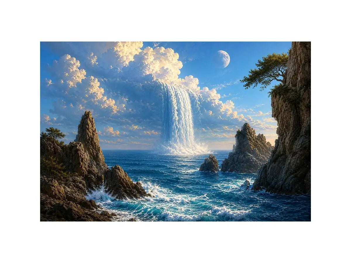 Surreal ocean waterfall canvas art with moonlit cliffs for statement living room decor.