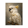 White cockatoo portrait canvas art with gold accents for elegant modern decor.