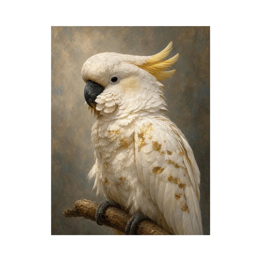 White cockatoo portrait canvas art with gold accents for elegant modern decor.