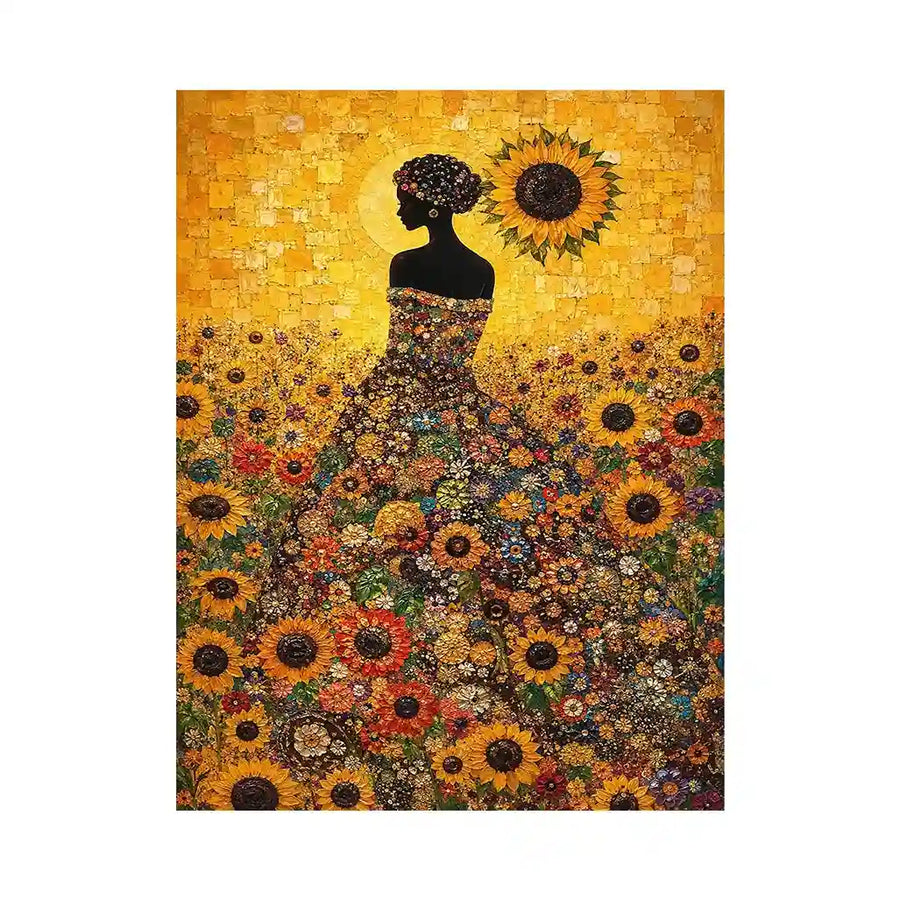 Vertical sunflower woman canvas art for colourful bedroom decor.