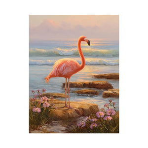 Coastal flamingo canvas art with ocean waves for serene bedroom decor.