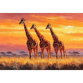 Horizontal giraffe sunset canvas art for warm living room decor.