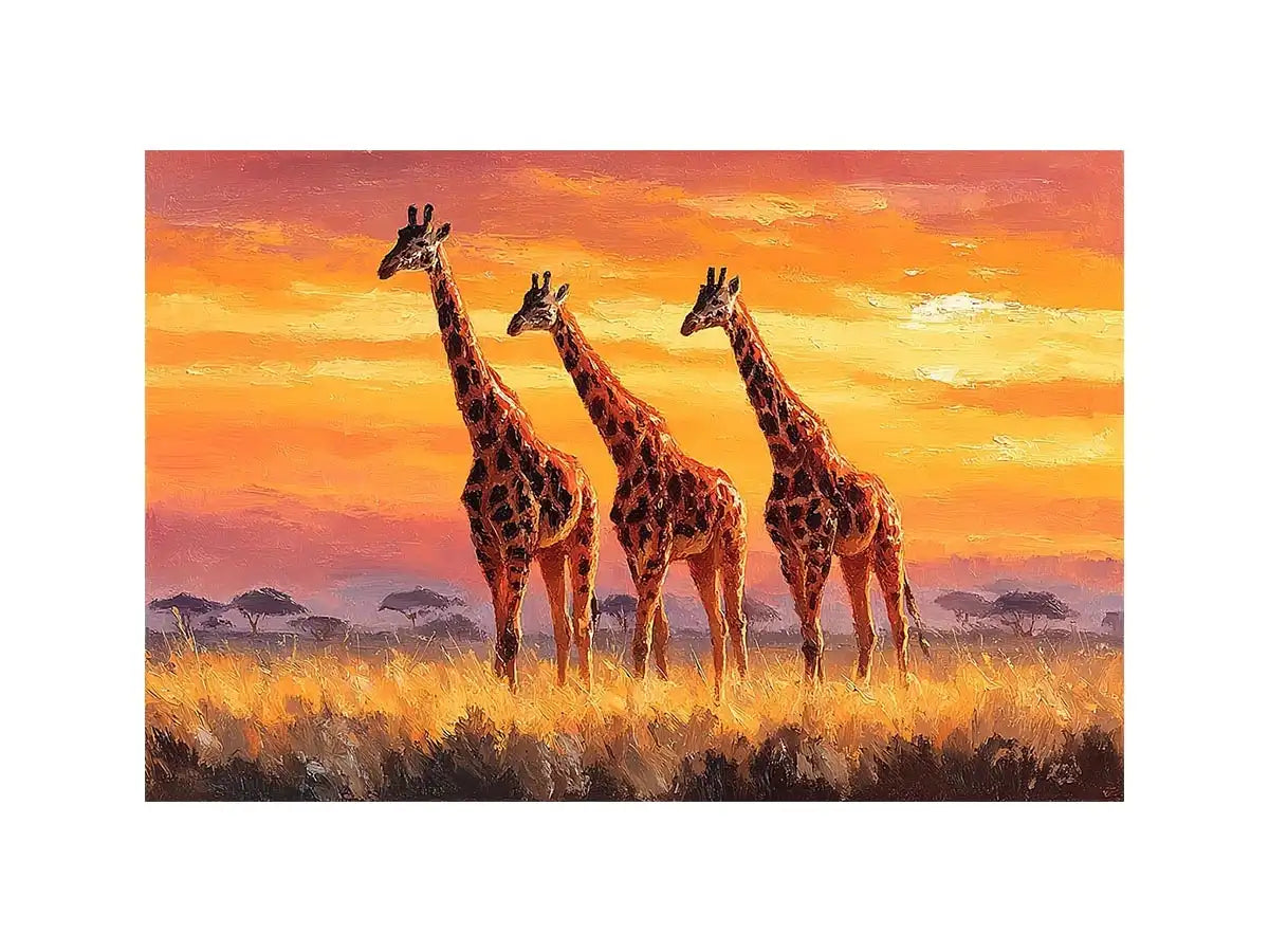 Horizontal giraffe sunset canvas art for warm living room decor.