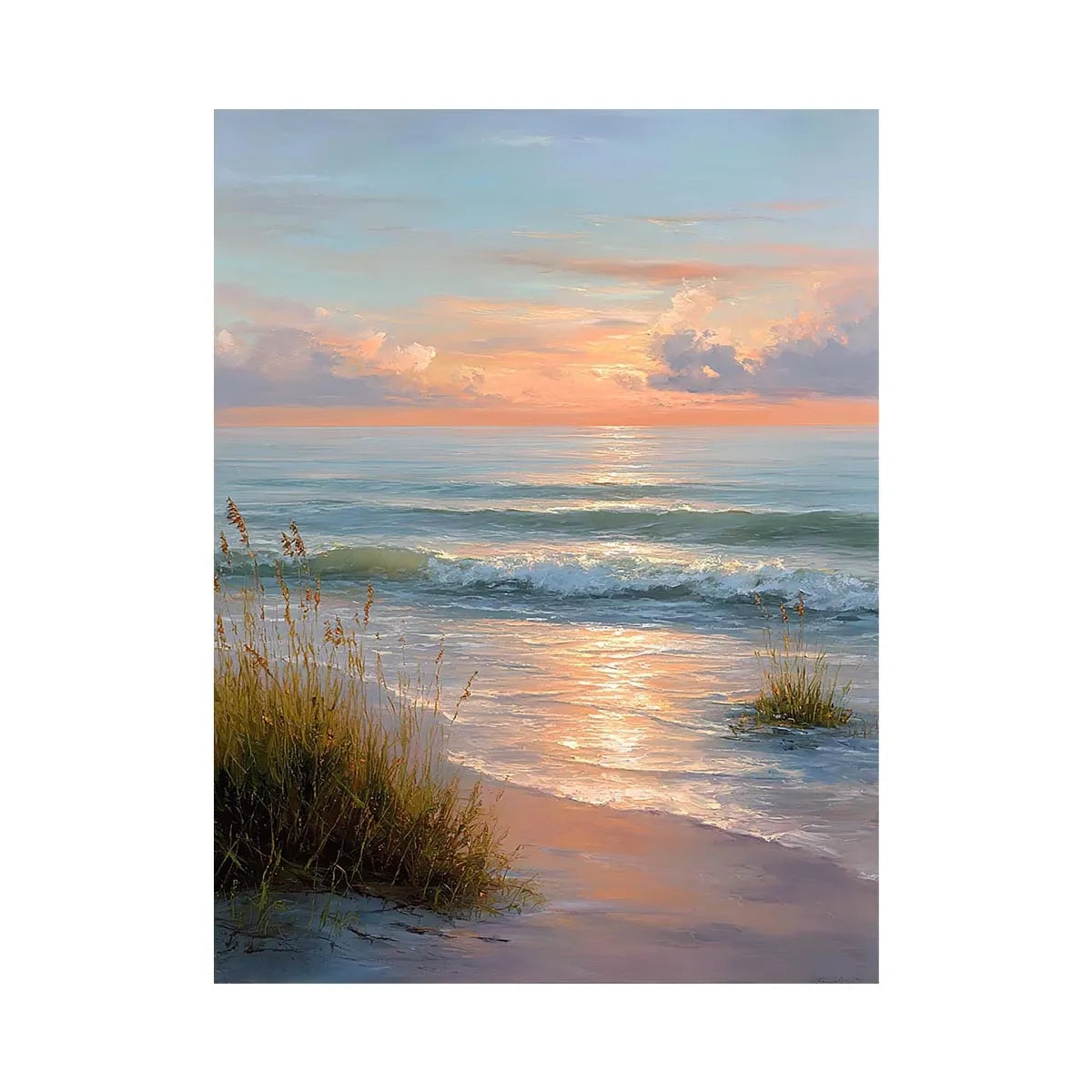 Soft sunset beach canvas art with waves and grass for elegant coastal bedroom decor.