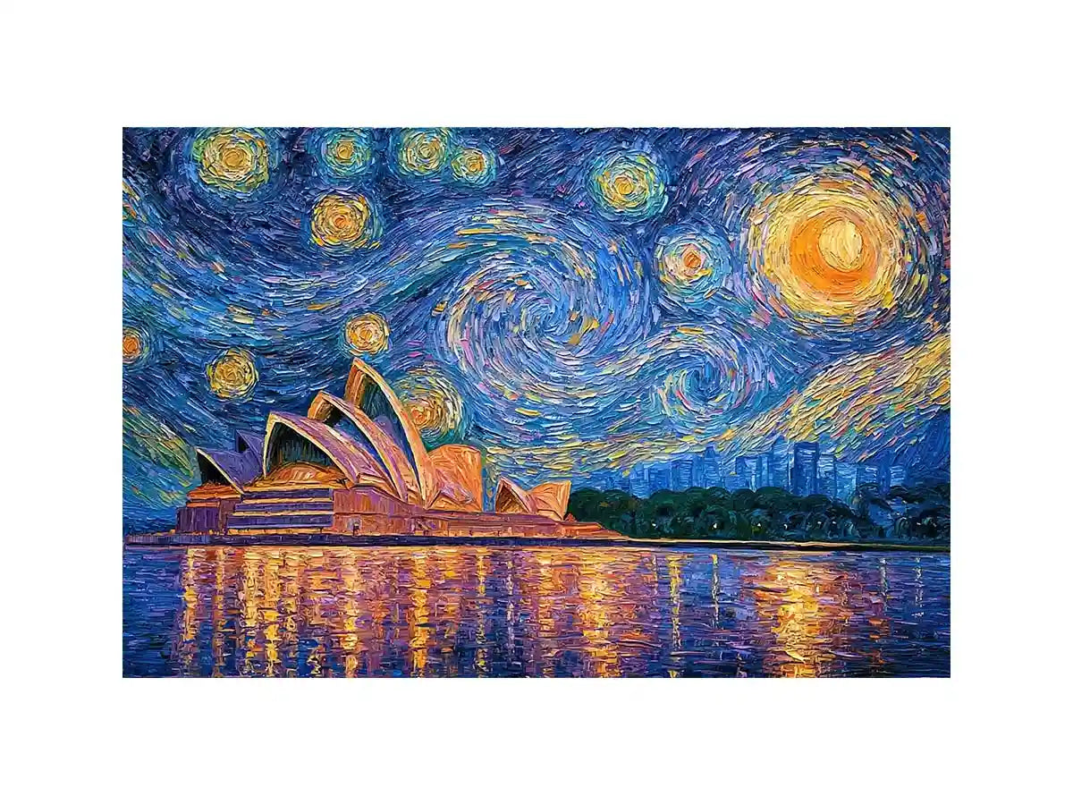 Sydney Opera House canvas art with starry blue sky for modern living room decor.