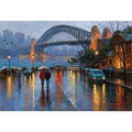 Rainy Sydney Harbour Bridge canvas art with city lights for sophisticated office decor.