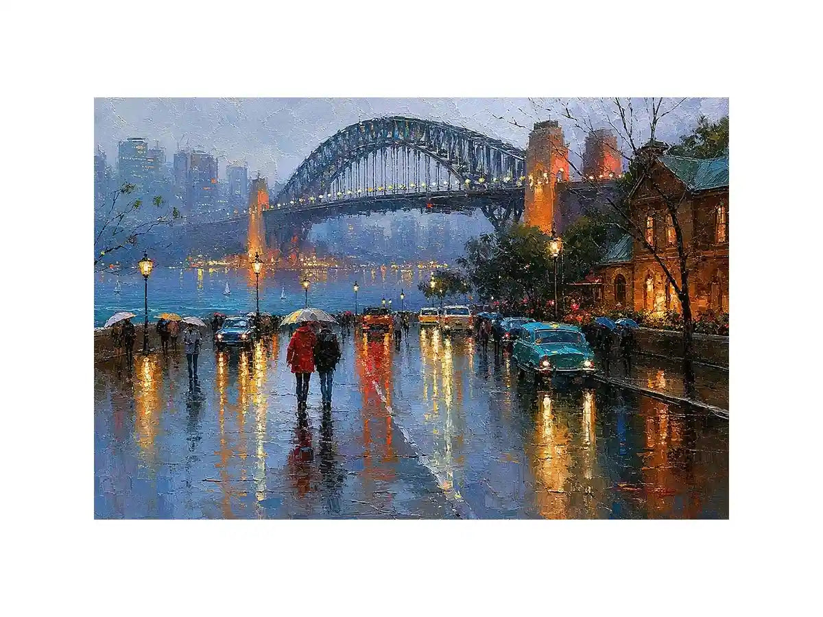 Rainy Sydney Harbour Bridge canvas art with city lights for sophisticated office decor.