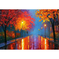 Autumn pathway canvas art with glowing lamps and wet reflections for warm living room decor.