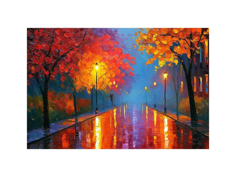 Autumn pathway canvas art with glowing lamps and wet reflections for warm living room decor.