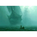 Misty teal boat canvas art beneath cliffs for moody modern office or bedroom decor.
