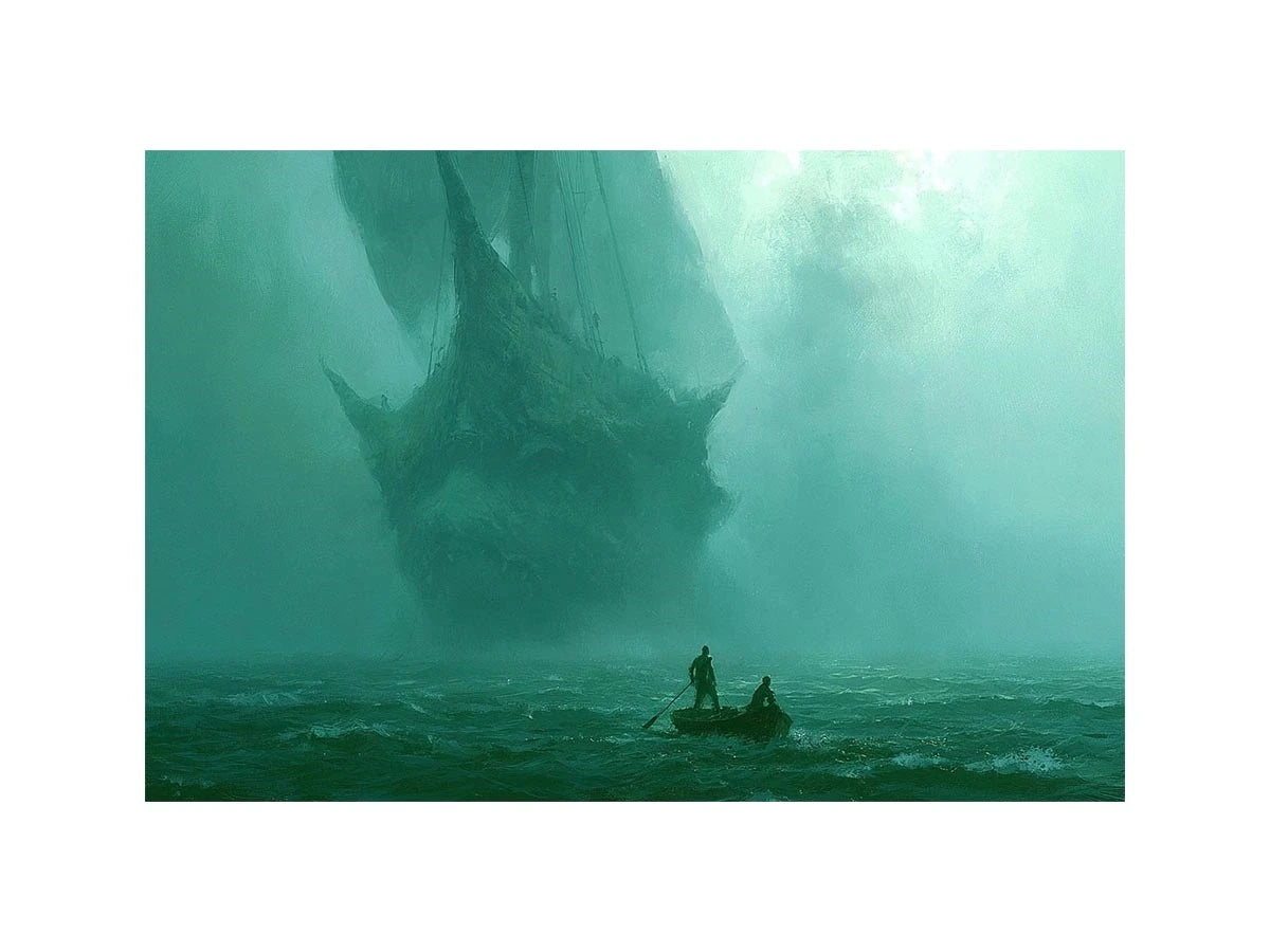 Misty teal boat canvas art beneath cliffs for moody modern office or bedroom decor.