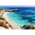 Clear turquoise beach canvas art with walkway and rocks for fresh coastal living room decor.