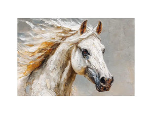 Textured white horse canvas art portrait for rustic modern living room or office decor.