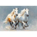 Two running white horses canvas art with textured neutral style for living room decor.