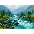 Mountain river canvas art with turquoise water and green valley for modern living room decor.