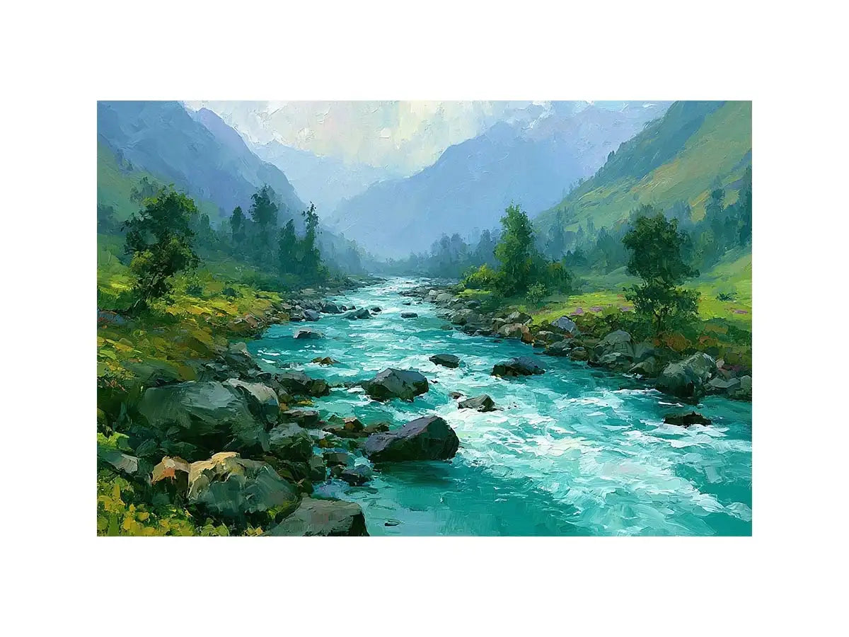 Mountain river canvas art with turquoise water and green valley for modern living room decor.