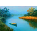 Calm river boat canvas art with trees and reflections for peaceful bedroom decor.