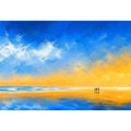 abstract beach canvas art with blue sky and golden sand for coastal living room decor.