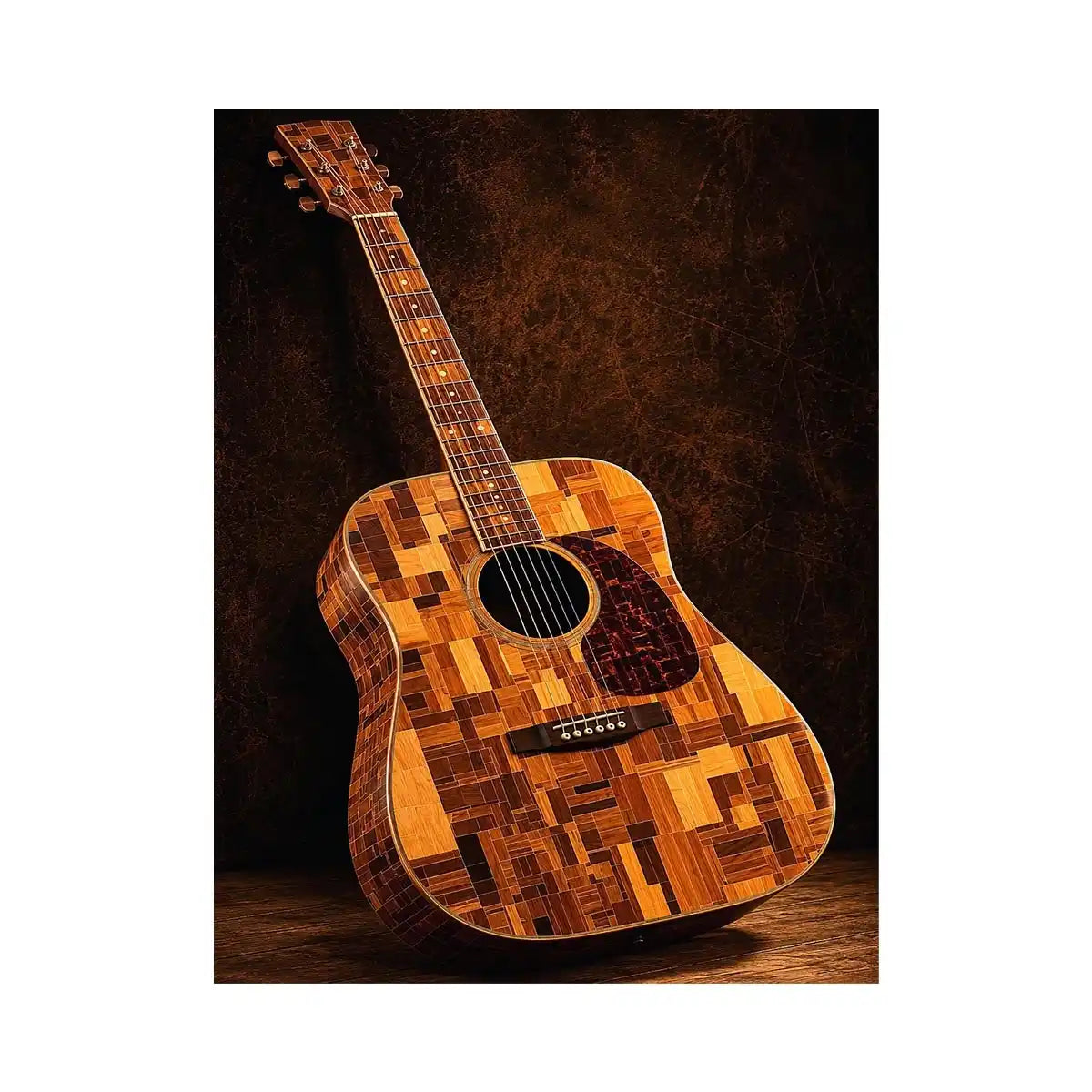 Acoustic guitar canvas art with warm wood texture for music room or office decor.