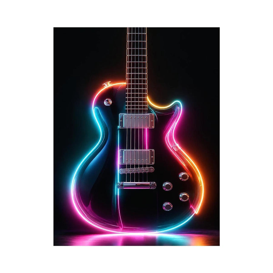 Neon electric guitar canvas art with colorful lights for modern music room decor.