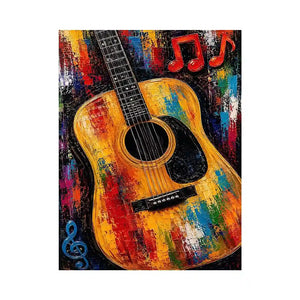 Colorful acoustic guitar canvas art with music notes for bold studio or home bar decor.