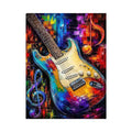 Bold electric guitar canvas art with colourful music notes for modern room decor.
