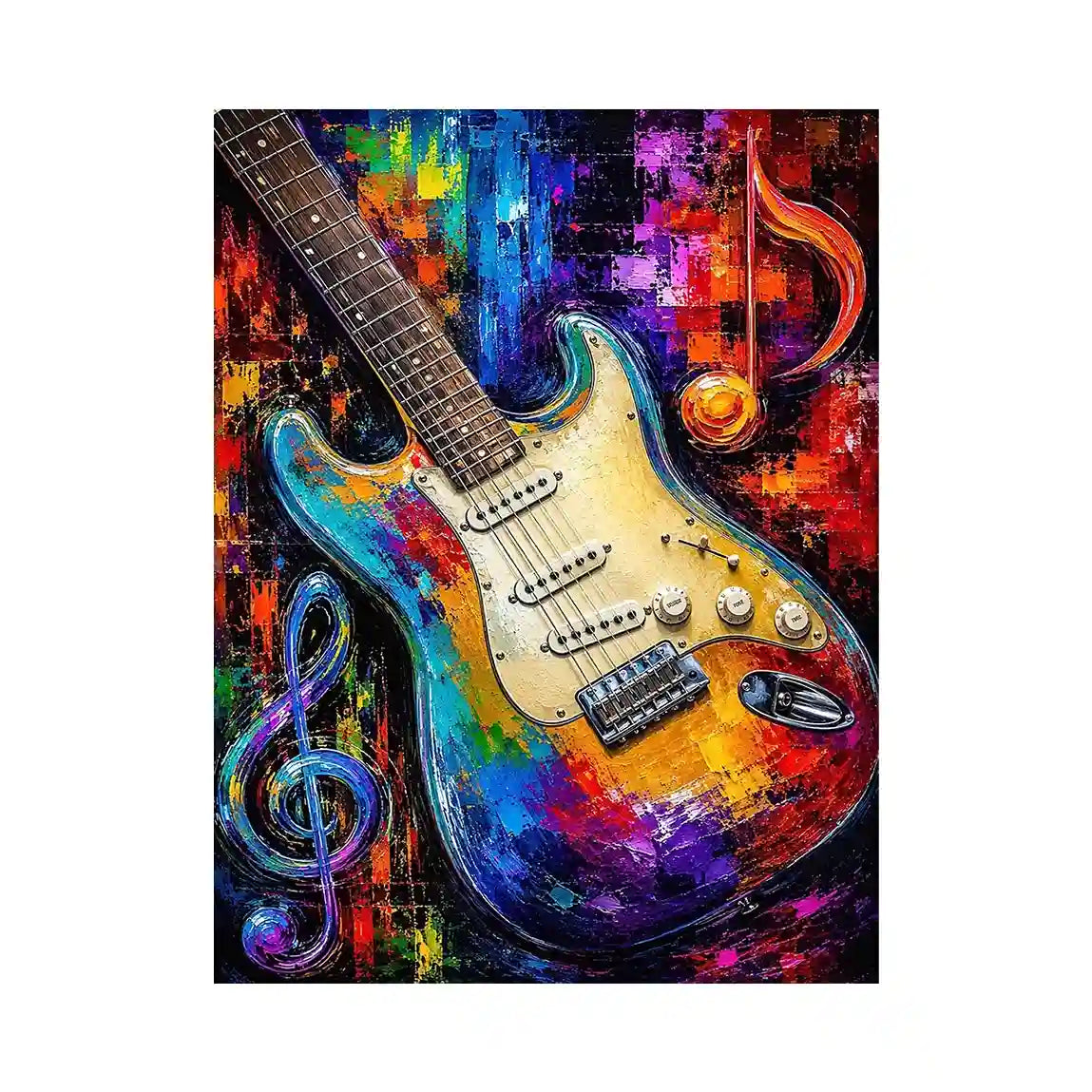 Bold electric guitar canvas art with colourful music notes for modern room decor.