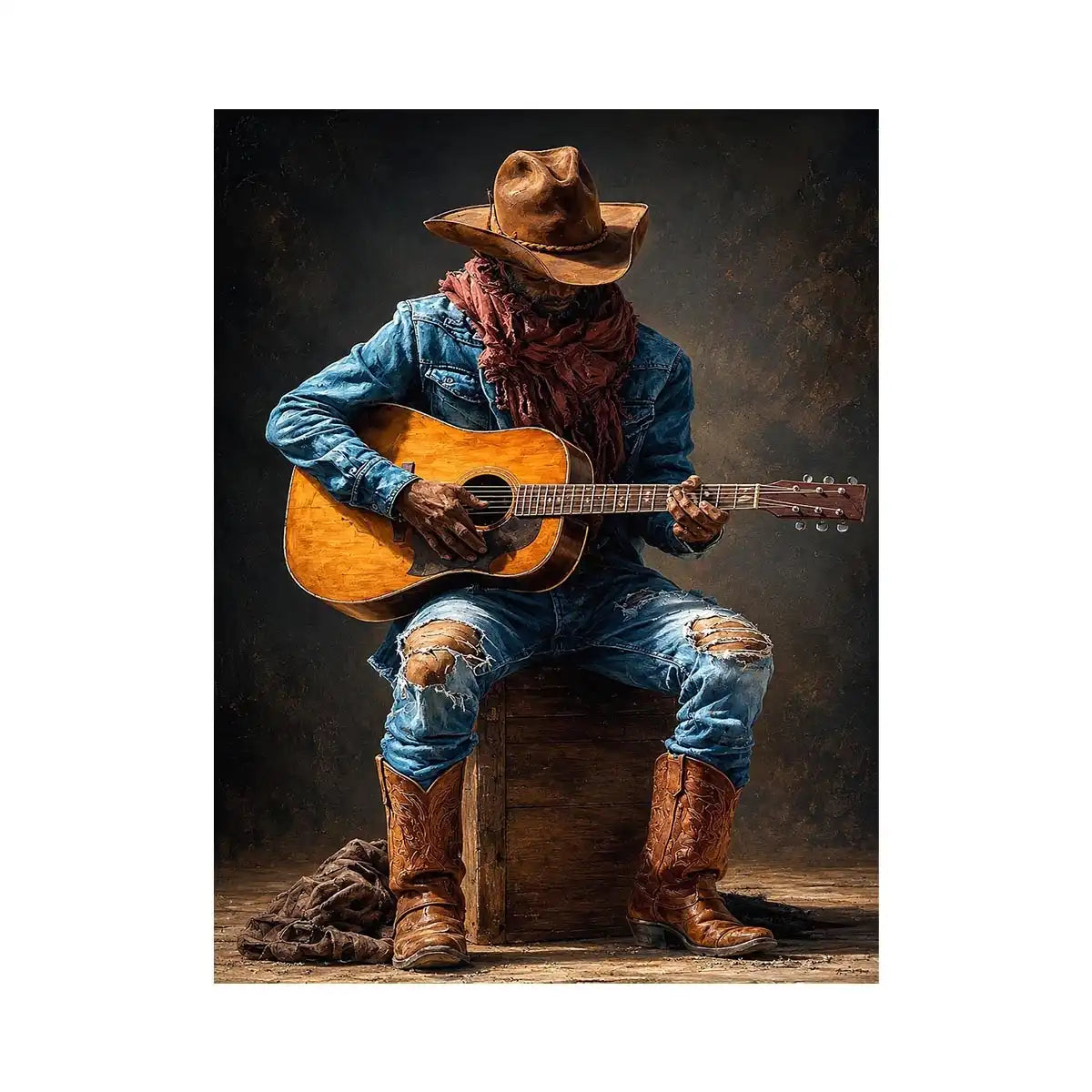 Rustic cowboy playing acoustic guitar canvas art for Western living room decor.