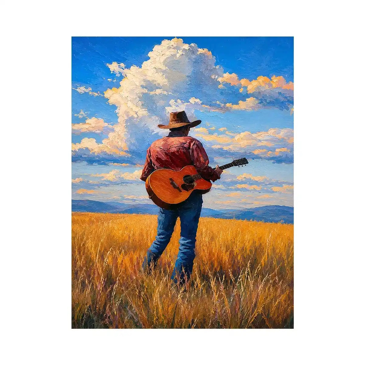 Cowboy with guitar in golden prairie canvas art for rustic farmhouse decor.