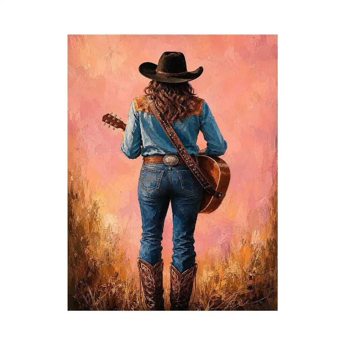 Western cowgirl with guitar canvas art in soft pink tones for bedroom decor.