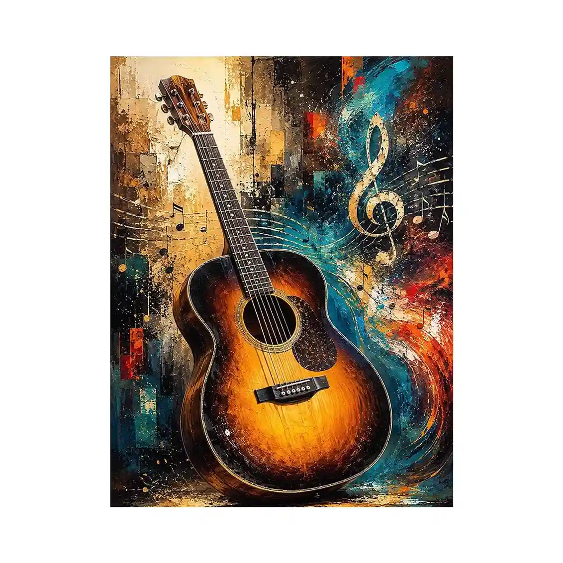 Colourful acoustic guitar canvas art with treble clef for modern music room decor.