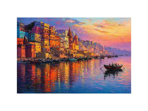 river city canvas art with boats and sunset for elegant living room decor.