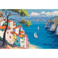 Mediterranean coastal village canvas art with blue sea for bright living room decor.