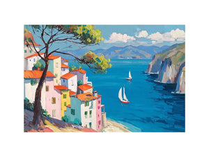 Mediterranean coastal village canvas art with blue sea for bright living room decor.
