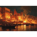 Moody riverside city canvas art with firelight and boats for dramatic decor.