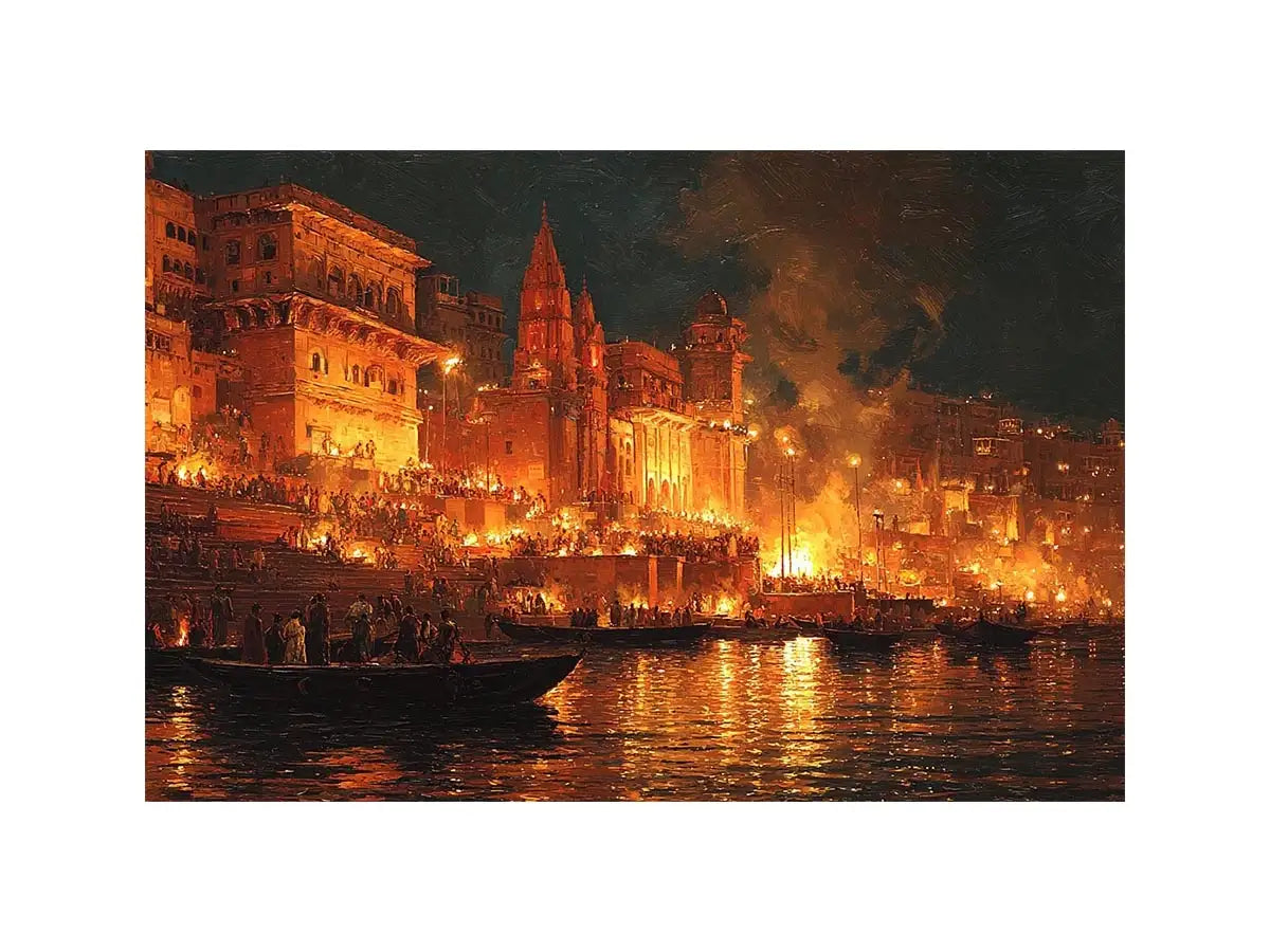 Moody riverside city canvas art with firelight and boats for dramatic decor.