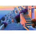 Santorini village stairs canvas art with flowers and sunset for Mediterranean decor.