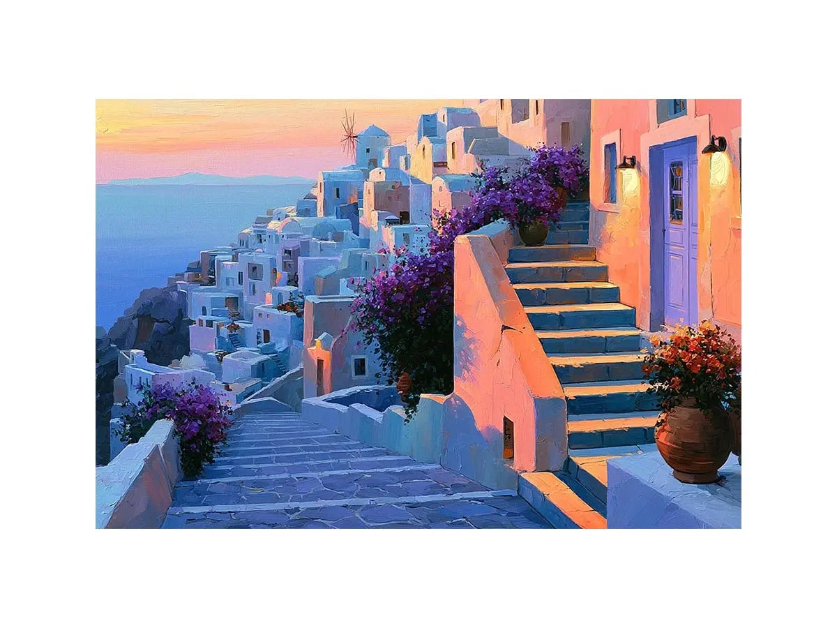 Santorini village stairs canvas art with flowers and sunset for Mediterranean decor.