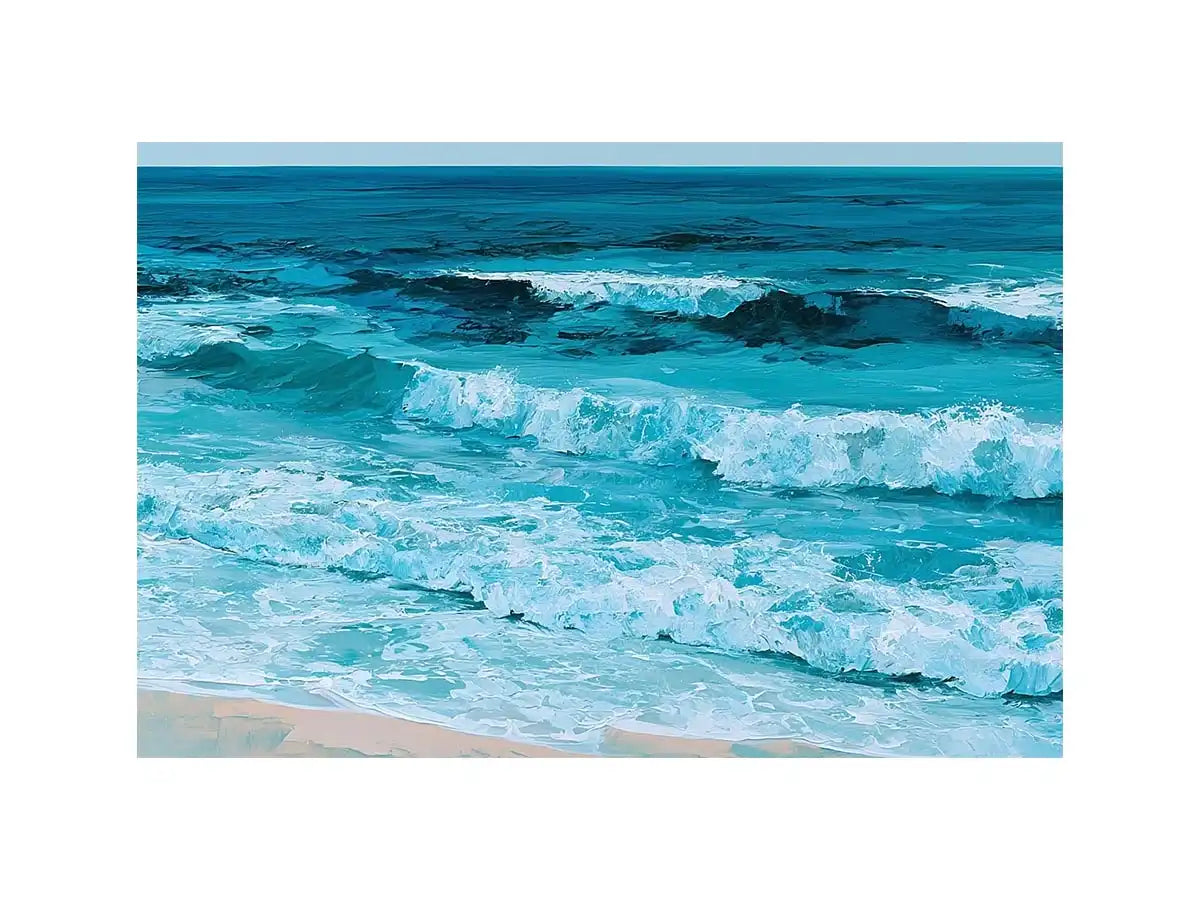 Horizontal turquoise ocean wave canvas art for calming coastal living room decor.