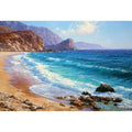 Coastal beach canvas art with blue waves and cliffs for relaxed living room decor.
